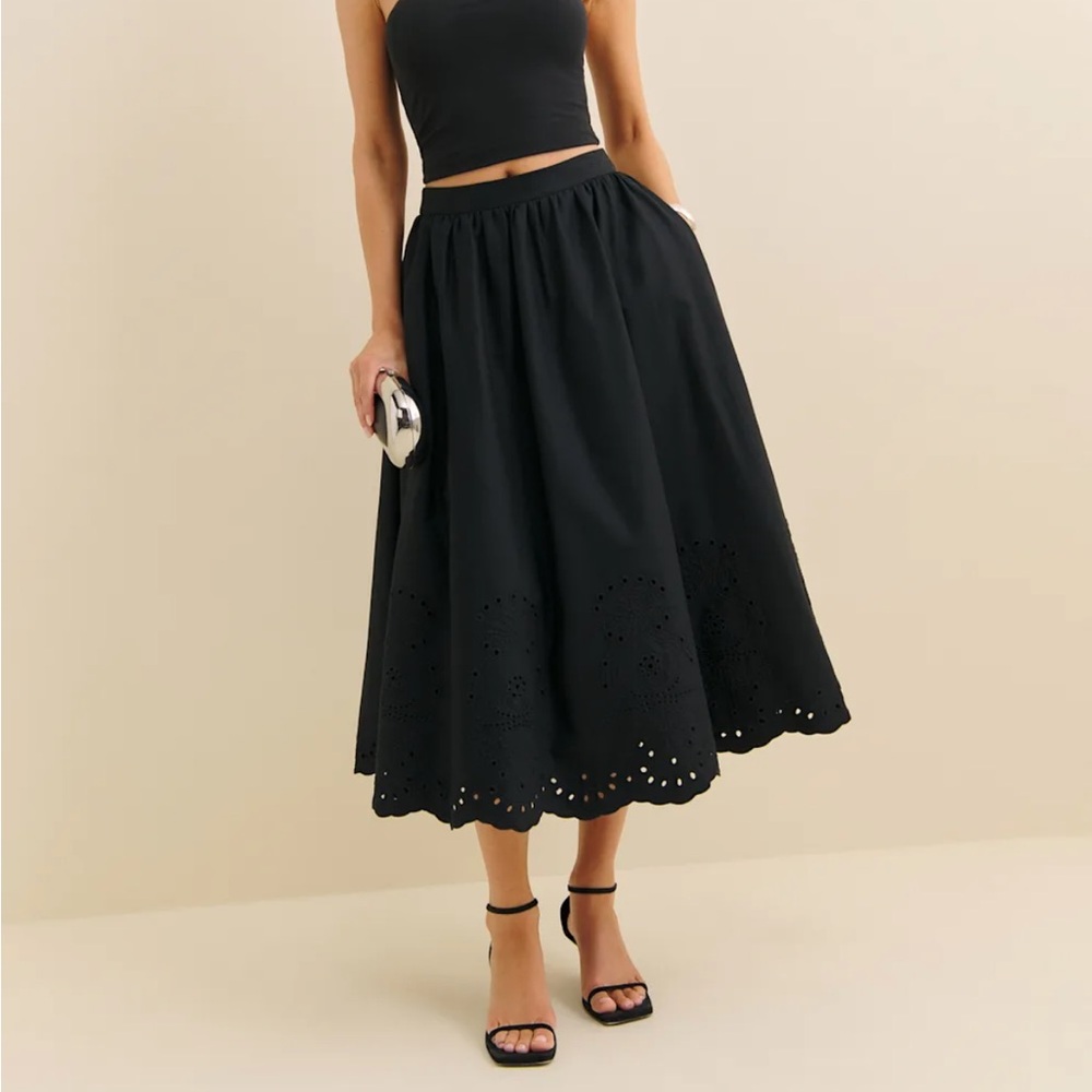 Reformation Black Eyelet-Trim Midi Skirt